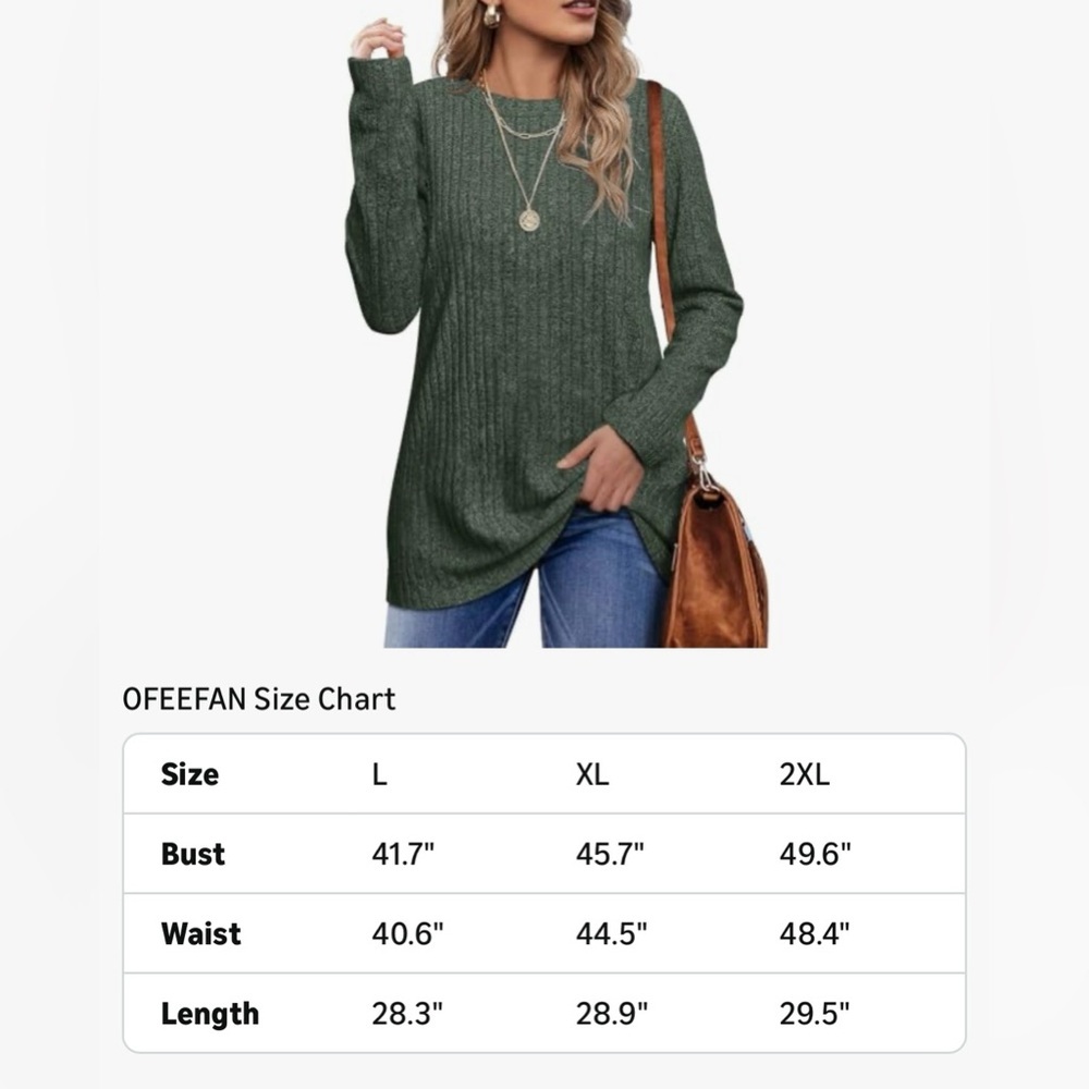 Green Ribbed Long Sleeve Tunic Top Crew Neck Casual Sweater. - Picture 6 of 6